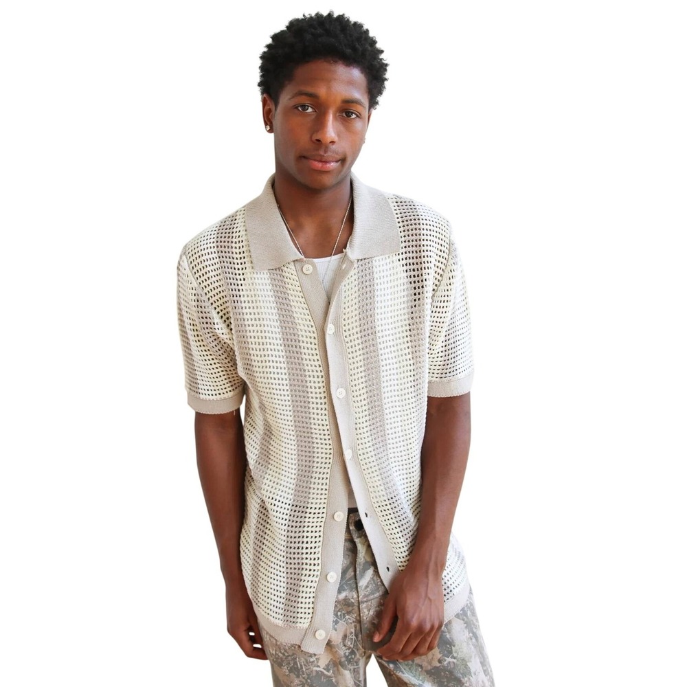 Massive Luxury Striped Crochet‎ Knit Button Front Polo M
